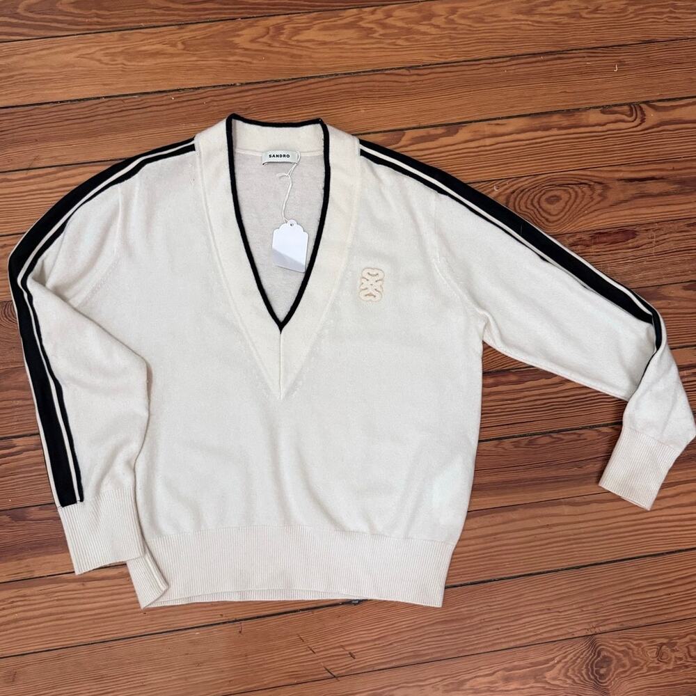 Sandro Sully ecru wool cashmere V‑neck sweater black stripes size 1 (small) - Picture 13 of 13